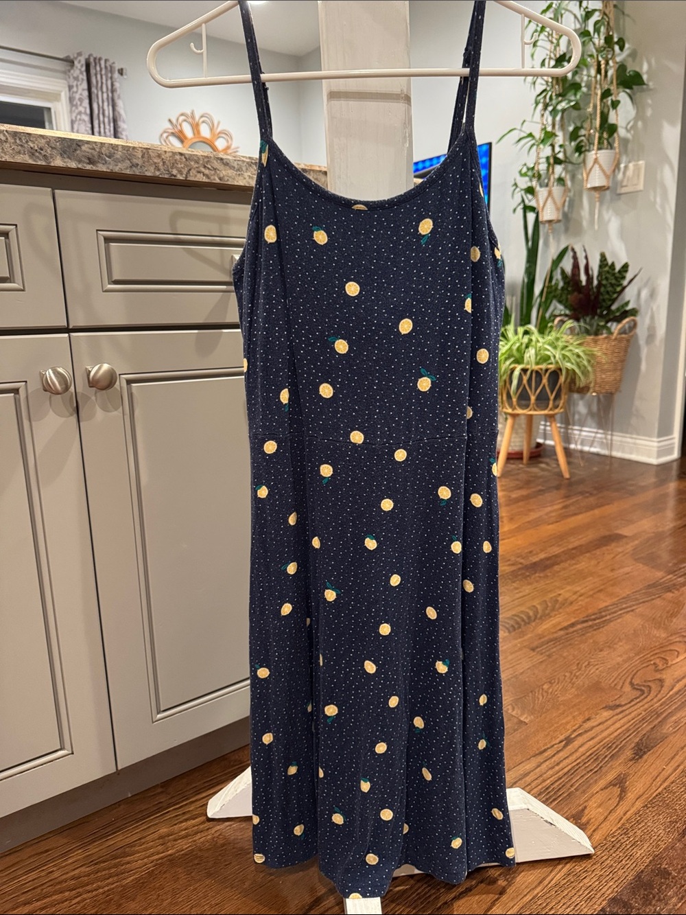 Navy Blue Spaghetti Strap Midi Dress with Lemon Print